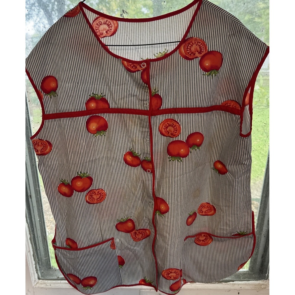 Vintage Red Tomatos Smock Apron Sleeveless Snaps Pockets XL Homemade